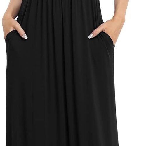 Women's Short Sleeve Loose Plain Maxi Dresses Casual Long Dresses with Pockets