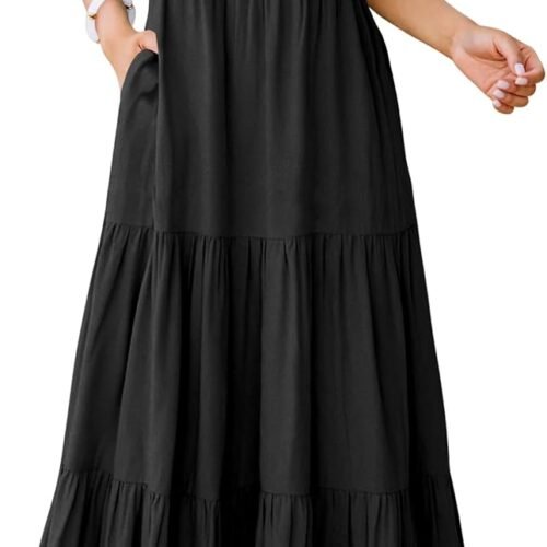Womens Summer Casual Maxi Dress V Neck Ruffle Sleeve Long Dresses Fashion Flowy Tiered Boho Beach Vacation Sundress