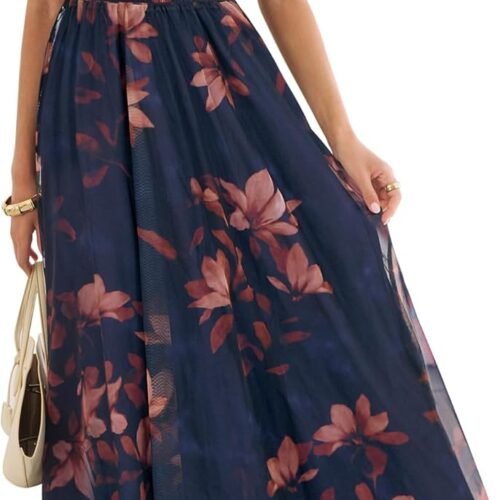 Womens Summer Floral Maxi Dress, A Line Tulle,Elegant for Wedding Guest & Beach Vacation,Flowy Casual Boho Outfits