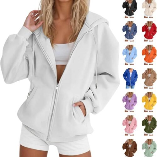 Zip Up Hoodie Women Long Sleeve Fall Winter Plus Size Plain Hooded Sweatshirts Trendy Casual Fashion Jacket With Pockets