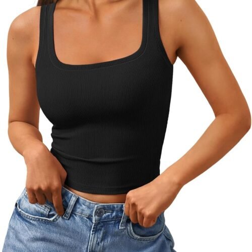 Women's Square Neck Cropped Ribbed Tank Tops Summer Sleeveless Clothes