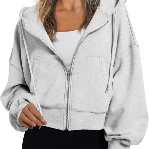 Womens Cropped Zip Up Hoodie Lightweight Sweatshirt Casual Athletic Jacket