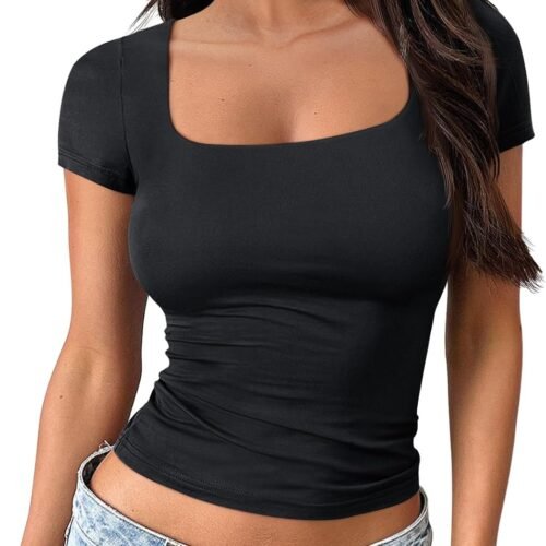 Womens Double Lined Short Sleeve Crop Top for Summer Going Out