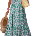 Women Summer Dresses  Spaghetti Strap Scoop Neck Smocked Ruffle Flowy Boho Maxi Dress