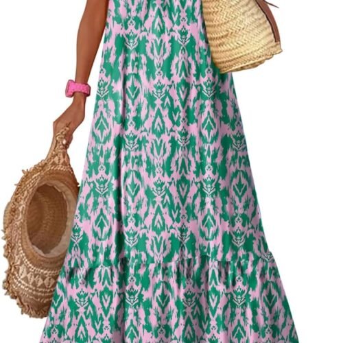 Women Summer Dresses  Spaghetti Strap Scoop Neck Smocked Ruffle Flowy Boho Maxi Dress