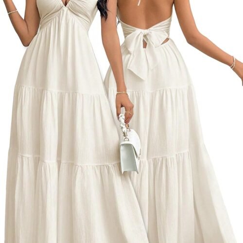 Women's Maxi Summer Dresses Halter V Neck Beach Dresses for Women A-Line Casual Dress for Vacation