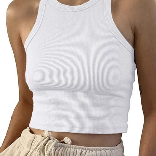 Women Casual Basic Sleeveless High Neck Rib-Knit Y2k Crop Tank Top