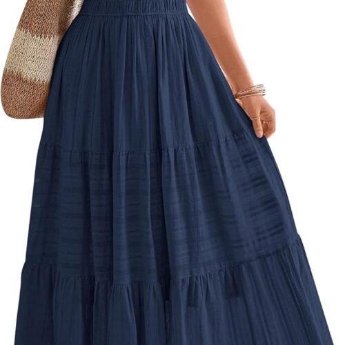Womens Summer  Casual Midi Maxi Dresses Lightweight Short Sleeve V Neck Elastic Waist Boho Beach Dress Pockets