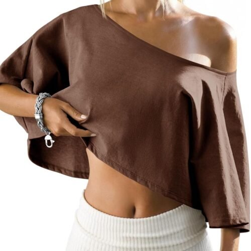 Womens Off The Shoulder Cropped Tops Batwing Short Sleeve Workout Shirts Asymmetrical Neck Summer Casual T Shirts