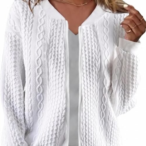 Women Zip Up Cardigan Sweater Cable Hoodies Long Sleeve Jacket Outfits Crewneck Casual Coat