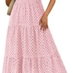 Womens  Summer Maxi Dress Short Sleeve V Neck Hollow Out Eyelet A Line Long Flowy Beach Vacation Dresses