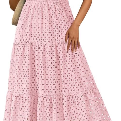 Womens  Summer Maxi Dress Short Sleeve V Neck Hollow Out Eyelet A Line Long Flowy Beach Vacation Dresses
